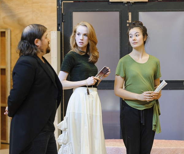 Jem Lai, Greta Sherriff and Brent Hill in rehearsals